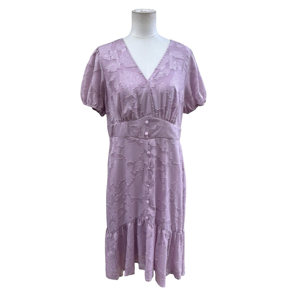 BloomChic Lavender Floral Burnout Midi Dress US 12 V Neck Puff Sleeve Pockets
